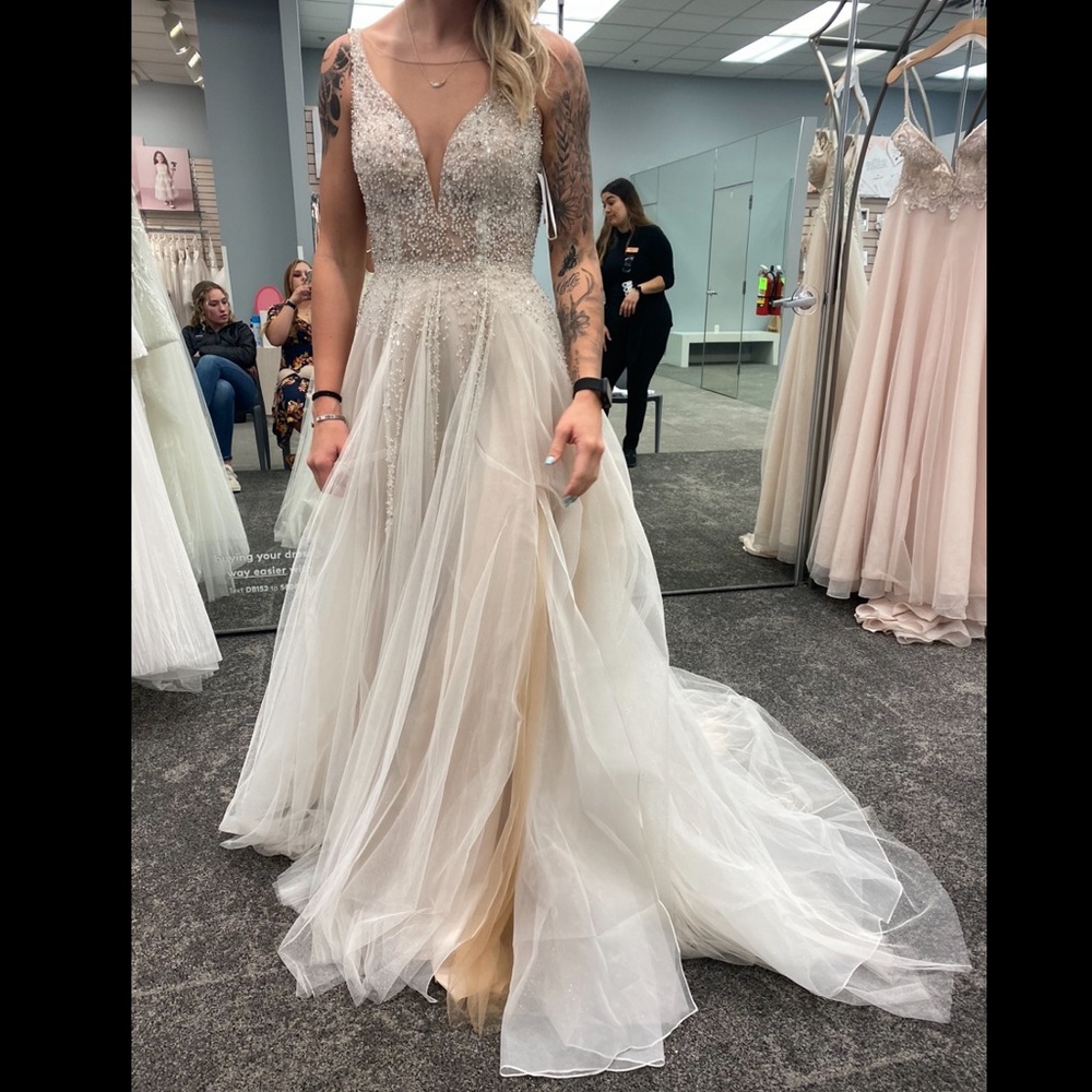 beaded bodice plunging-v illusion wedding dress